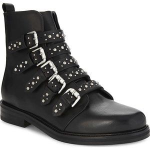 MAJE Fortune Black Leather Multi Buckle Studded Biker Moto Ankle Boots